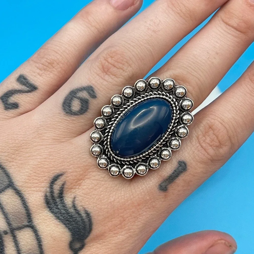Blue Oval Silver Tone Stretch Ring Boho Western Statement Festival Jewelry - Picture 4 of 5